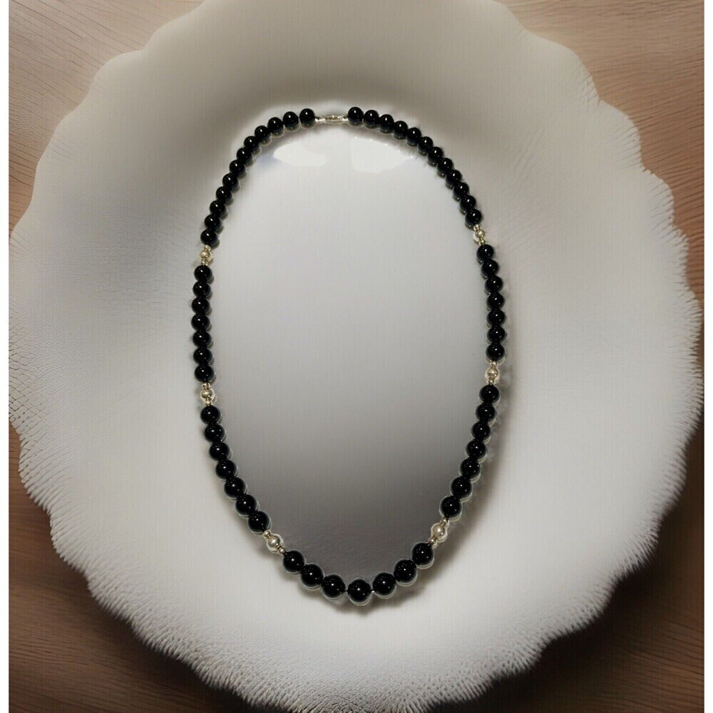 Vintage Black Onyx Hand Knotted W/ Sterling Beads Necklace Bohemian Western 26in